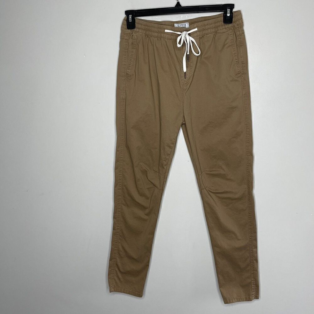 CYA Mens Khaki Brown Jogger Pants EUC Sz S Elastic Waist Drawstring 100% Cotton